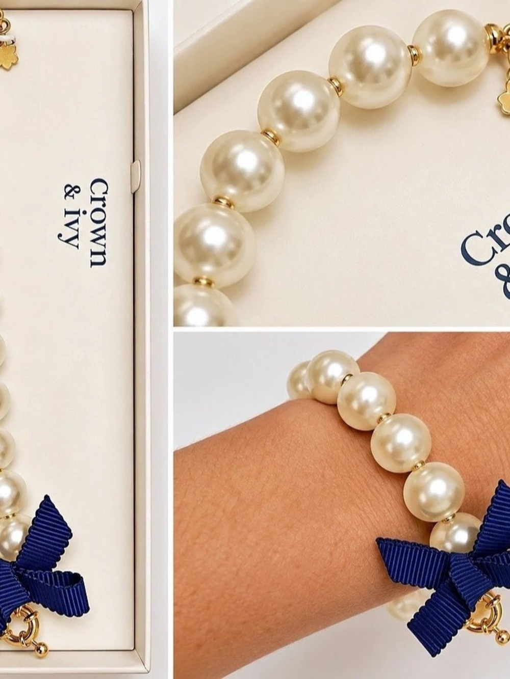NIB Crown & Ivy Pearl Beaded Bow Bracelet in White & Blue